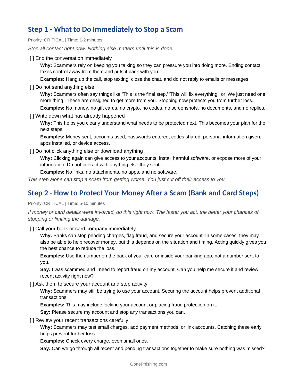 Immediate Scam Response Checklist