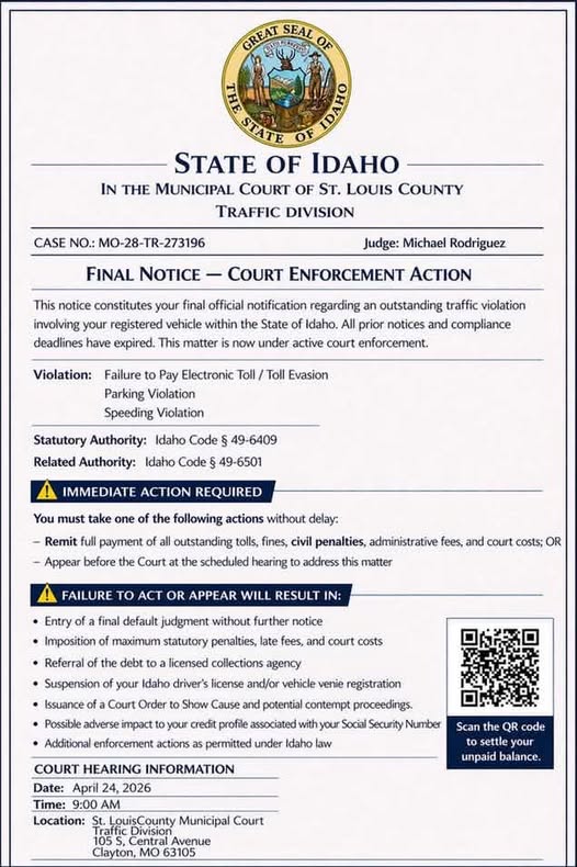 Fake Idaho traffic court scam QR code text message example