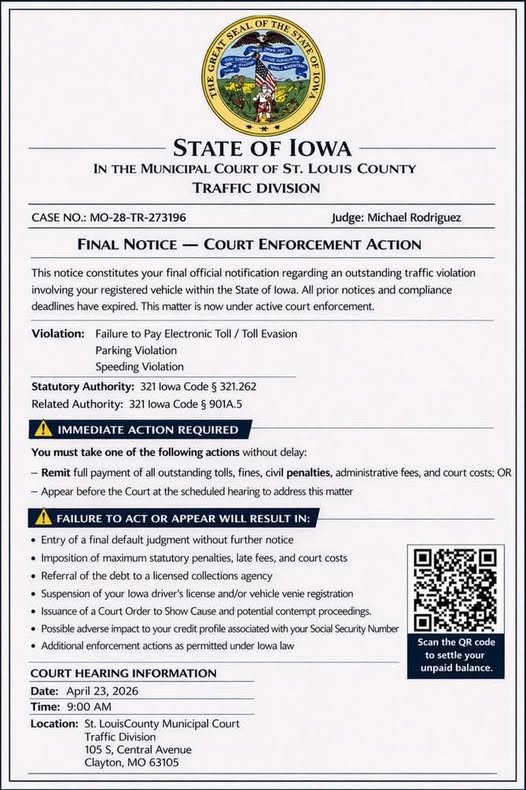 Fake Iowa traffic court scam QR code text message example