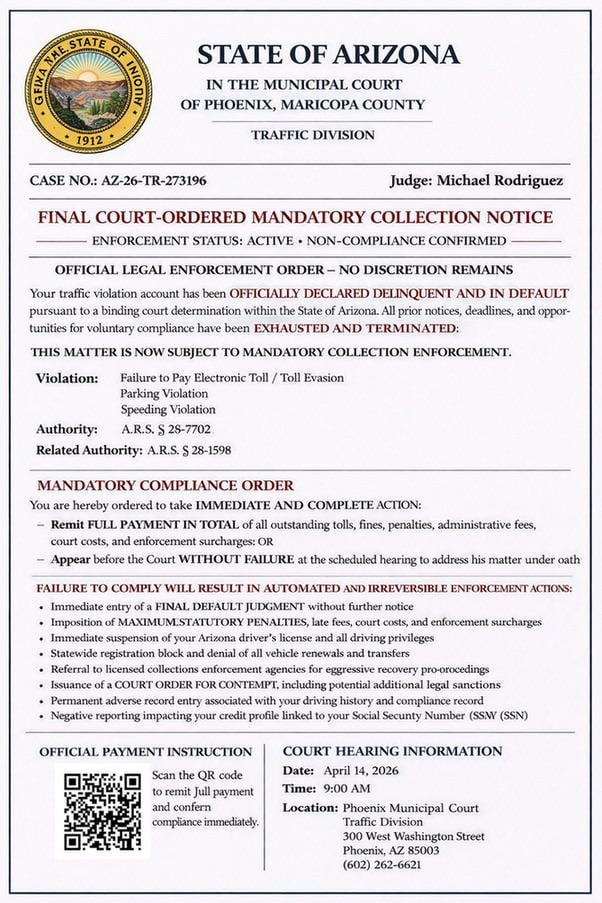 Fake Arizona traffic court scam QR code text message example