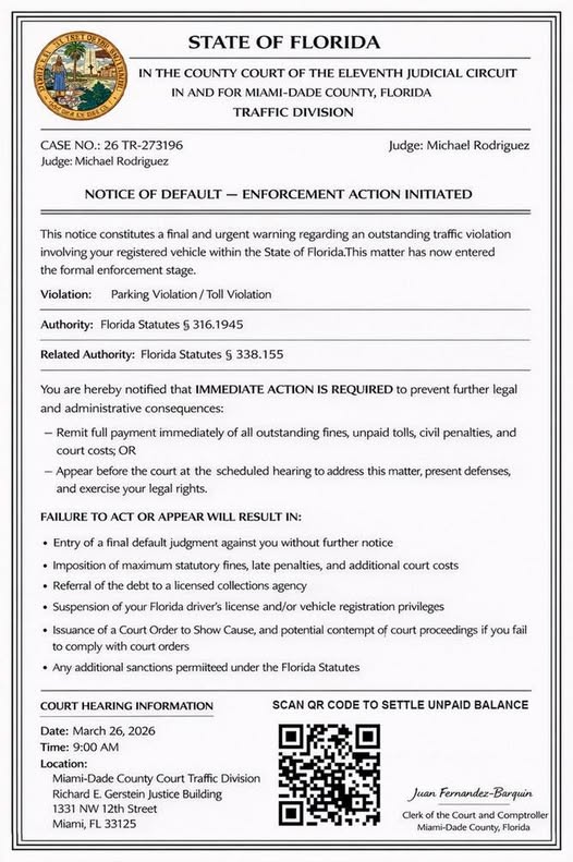 Fake Florida traffic court scam QR code text message example