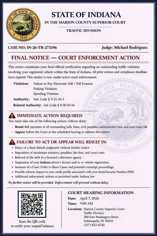 Fake Indiana traffic court scam QR code text message example