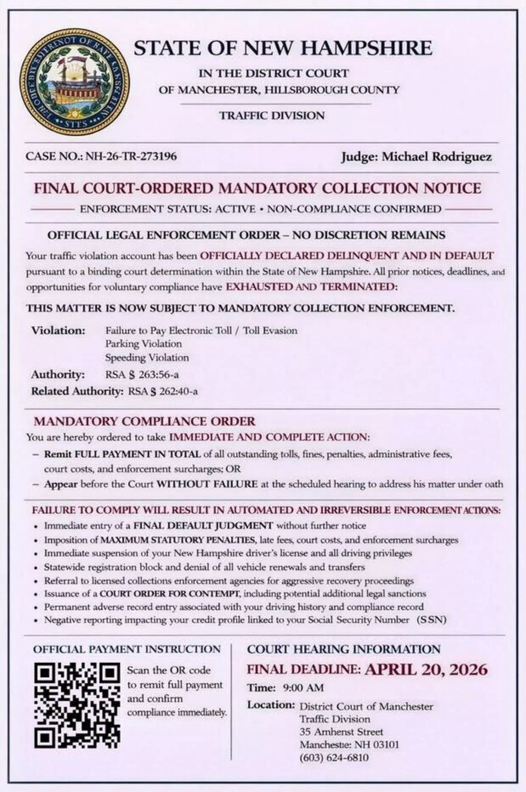 Fake New Hampshire traffic court scam QR code text message example