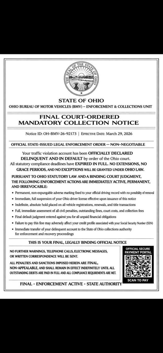 Fake Ohio traffic court scam QR code text message example