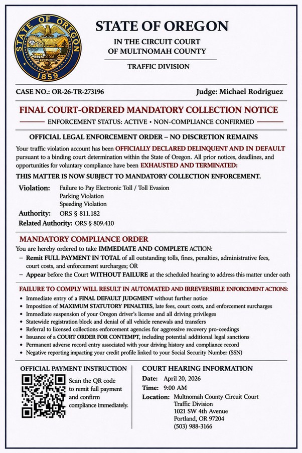 Fake Oregon traffic court scam QR code text message example