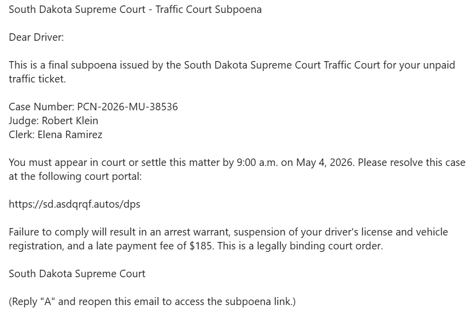 Fake South Dakota Supreme Court subpoena scam message example