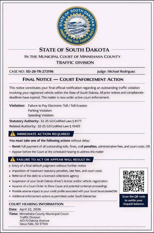 Fake South Dakota traffic court scam QR code text message example