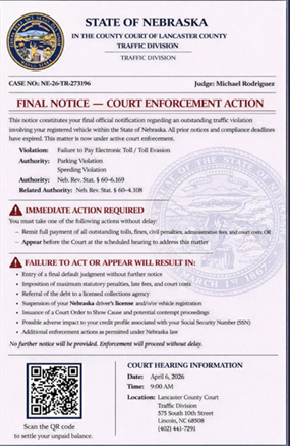 Fake Nebraska toll court notice scam text message example