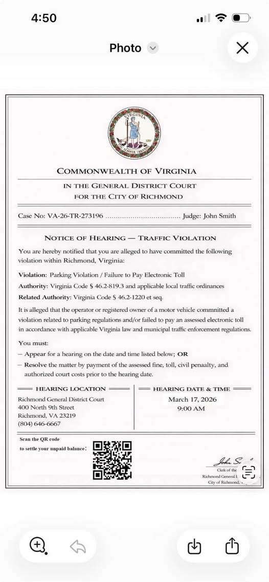 Fake Virginia traffic court scam QR code text message example
