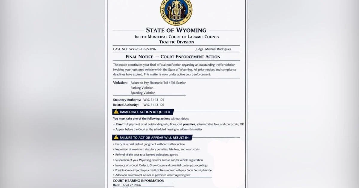 Fake Wyoming traffic court scam QR code text message example